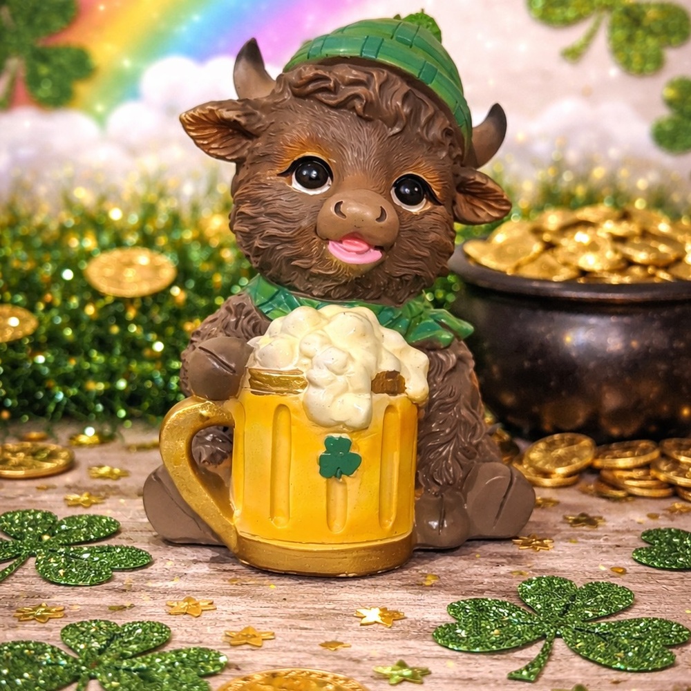 St. Patrick's Day Brown Bison Figurine with Green Hat and Gold Mug